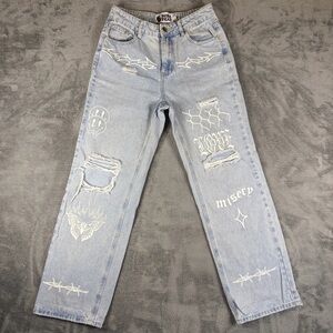 Born Dead Jeans Womens 27x28 Blue Denim Distressed Streetwear Y2K Skater Graphic